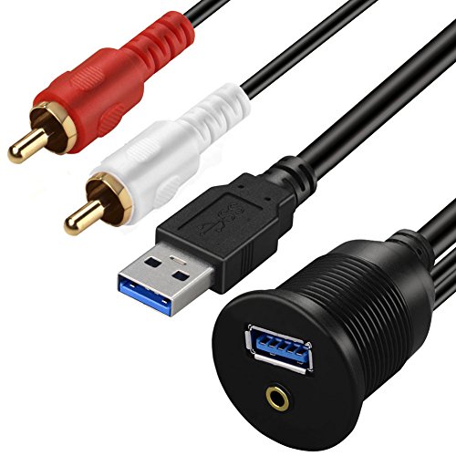 BATIGE USB 3.0 & 2 RCA Male To 3.5mm USB3.0 Female Car Mount Flush Cable 2RCA USB 3.0 Flush Mount Extension Cable - 3ft