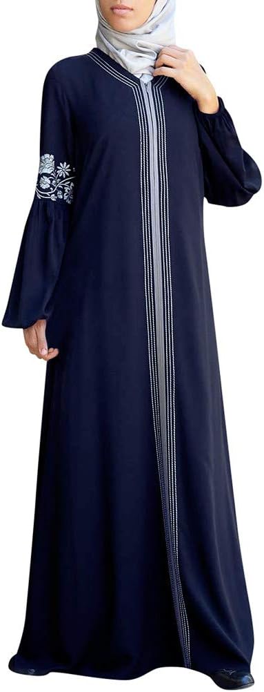 TEELONG Women's Long Tunic Dress, Plus Size Solid Color Long Sleeve V Neck Zip Front Lace Stitching Maxi Long Dress Casual Loose Kaftan Muslim Dress