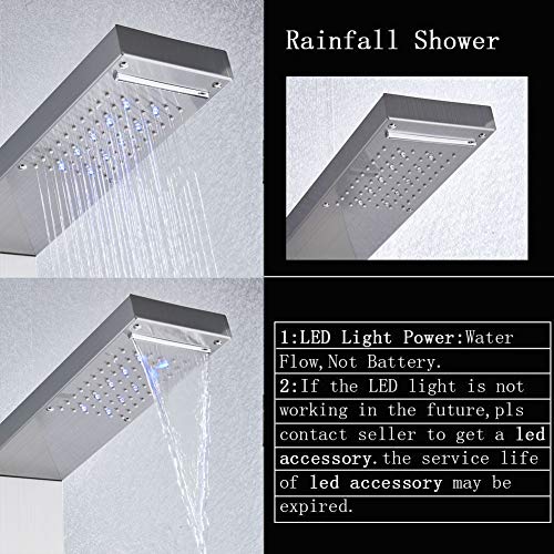 Rozin LED Light Deco 5-Function Shower Panel Waterfall Rain Shower Head + Body Massage Jets + Hand Spray + Tub Tap Brushed Nickel - Thumbnail 3