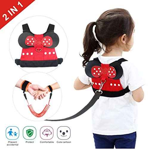 Idefair Kids Leash and Wrist Link Set, Toddler Anti Lost Safety Harness Cute Child Walking Leash for Boys, Girls to Disneyland, Mall or Zoo (Red)