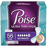 Poise Ultra Thin Incontinence Pads, Ultimate Absorbency, Long, Unscented, 56 Count (2 Packs of 28)