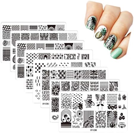 AIFAIFA 8PCS Nail Art Stamping Plate, with Geometric Figure, Flower, Leaves, Coco, Tropic, Pineapple, Fruit, Crane, Dream Catcher Pattern