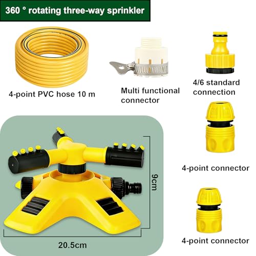 Lawn Sprinkler 360 Degree Sprinkler, Garden Irrigation System with a 10 Metre Long Leather Tube, Automatic Lawn Sprinkler Water 3-Arm Rotating Sprinkler with Quick Connector for Garden Lawn