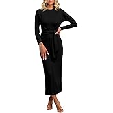 Cicy Bell Womens Long Sleeve Maxi Dress Bodycon Tie Waist Fall Elegant Crew Neck Cocktail Party Dress