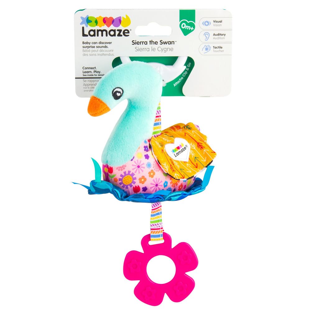 LAMAZE Mini Clip & Go Sierra The Swan, Clip on Pram and Pushchair Newborn Baby Toy, Sensory Toy for Babies Boys and Girls from 0-6 Months