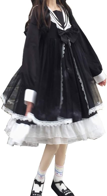 Amazon ユケ二ー レディース ワンピース 通学 学院風 デート かわいい 長袖 セーラー襟付 海軍風 ひざ丈 Lolita レイヤード Aライン 蝶結び ブラック F ワンピース チュニック 通販