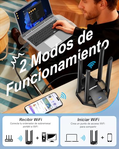 COMFAST BE6500Mbps USB WiFi Adapter for PC, USB3.0 PC WiFi Antenna, 7 Long Range Wi-Fi Receiver, 6G/5G/2.4G Tri-Band, 4*5dBi Antennas, WPA3, MU-MIMO, OFDMA, Integrated Controller, Windows 10/11