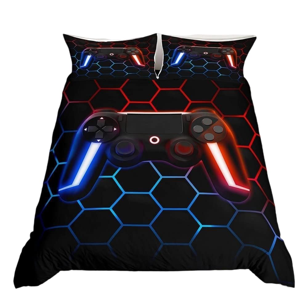 Homewish Boys Gamer Bedding Double Gaming Duvet Cover for Kids Youth, Modern Neon Light Game Console Bedding Set Soft, Honeycomb Hexagon Quilt Cover Microfibre, 2 Pillowcases, Black