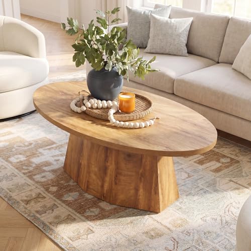 Oval Coffee Table, 47-Inch Living Room Table with Polygonal Pedestal, Modern Center Accent Furniture, Child-Friendly, Easy Assembly, Yellowish Brown