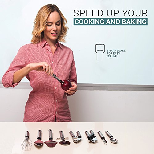 Kitchen Tools Set 9 Pc | Stainless Steel Kitchen Utensil Set | Tools Set Include Scooper, Pizza Cutter, Cheese Slicer, Peeler, Garlic Presser, Can Opener, Cake Server, Apple Corer, Egg Whisk - Thumbnail 4