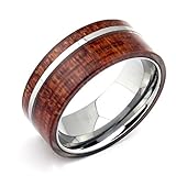 Will Queen Hawaii Koa Wood Inlay Men's Tungsten Wedding Bands with Mirror Polished Tungsten Stripe 8mm Promise Rings for Couples Engagement Matching Rings, Holiday Birthday Gift for Boyfriend