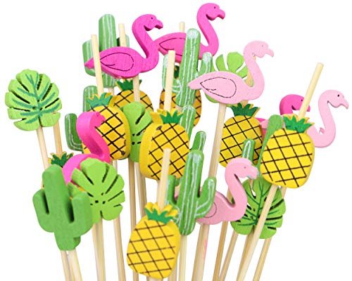 Tropical Cocktail Toothpicks, set of 200 total pieces assorted Flamingo, Cactus, Pineapple, Banana Leaf Hawaiian Lua Set of Party Pick, 4.7" bamboo fancy appetizer tooth picks, (Tropical)