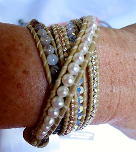 Chan Luu 5 Wrap Leather Bracelet Agate/White Pearl/Crystal/Silver and Gold Plated Silver Nuggets