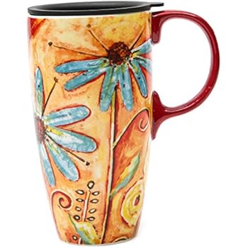 CEDAR HOME Coffee Ceramic Mug Porcelain Latte Tea Cup With Lid 17oz. Orange Flower