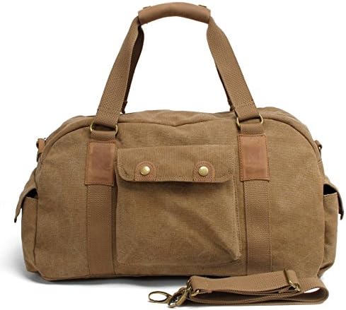 Duffel Bag Large Capacity Canvas Genuine Leather Messenger Bag for Men (Khaki)