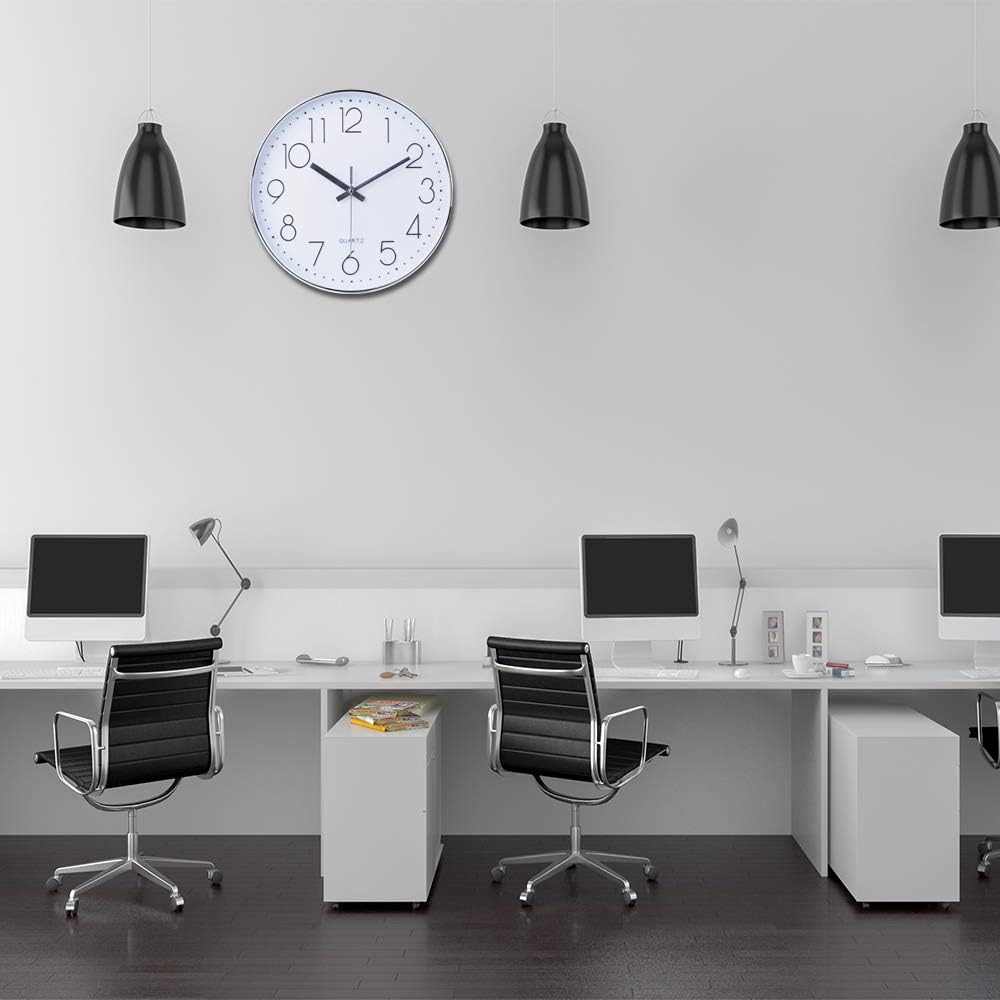 jomparis Modern 12" Battery Operated Non-Ticking Silent Sweep Movement Wall Clock Decorative for Office,Kitchen, Living Room, Bedroom, Bathroom Plastic Frame Glass Cover (Silver,Arabic Numeral): Kitchen & Dining