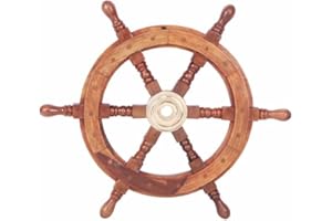 TUP THE URBAN PORT 18" Teak Wood Ship Wheel with Brass Inset and Six Spokes, Brown and Gold, 18 inches,