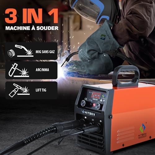 HITBOX 200A Gas Free MIG Welding Machine, 3-in-1 Flux Core MIG/ARC/Lift TIG Welder, 230V Portable IGBT Inverter Welding Machine with Torch & 0.8mm Wire, Ideal Beginners (HBM1200)