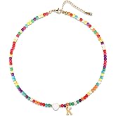 Mikovivi Initial Beaded Necklace, Colorful Cute Beaded Necklace with Heart Shells Stylish Letter Pendant Necklace Handmade Personalized A-Z Gifts for Women Girls (Letter K)