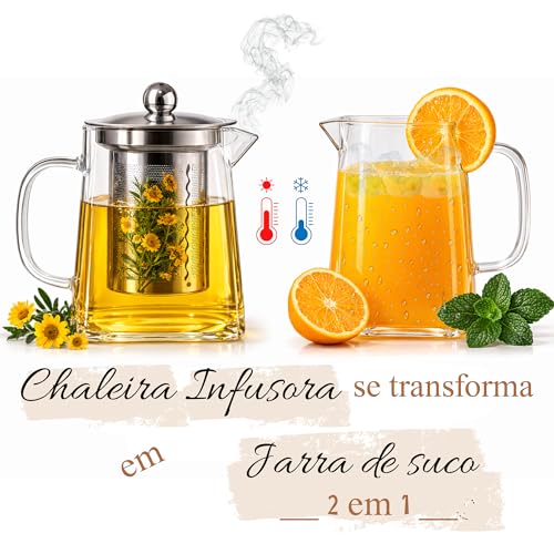 Chaleira de Vidro Borossilicato com Infusor Removível e Tampa em Aço Inox – Bule de Chá 2 em 1, Jarra de Vidro com tampa, para Chá e Infusões, Bebidas Quentes e Frias - Presente Sofisticado (950ml)