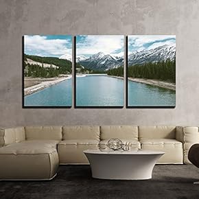 3 Piece Canvas Wall Art - Lake in Mountain Area - Modern Home Art Stretched and Framed Ready to Hang - 16"x24"x3 Panels