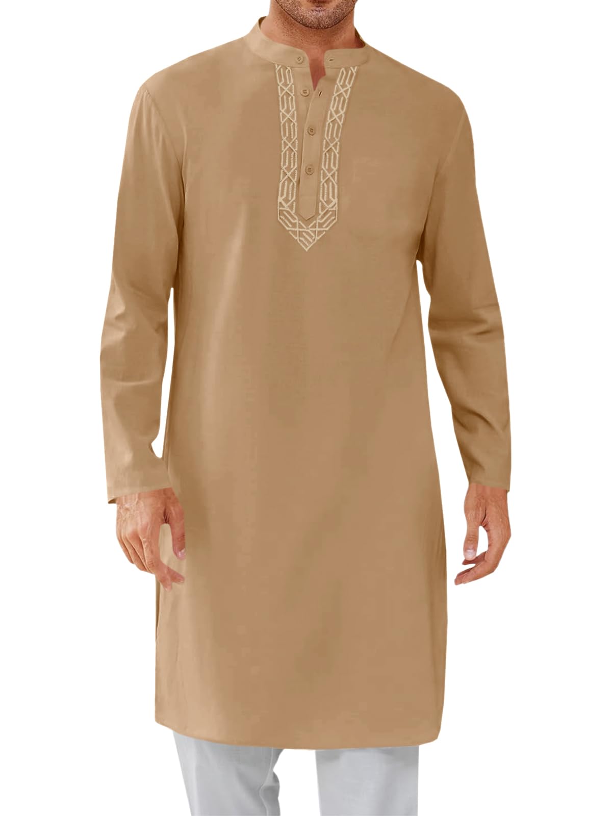 Photo 1 of Runcati Mens Kaftan Thobe Button Down Casual Henley Shirts Long Sleeve Robe Cotton Linen Muslim Gown Shirt Khaki