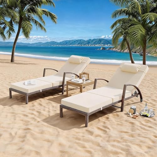 EliteEdge Outdoor Chaise Lounge Set of 2, Patio Rattan Chaise Lounge Chair with Cushions, 5-Position Adjustable Backrest Sun Lounger for Poolside, Garden, Backyard, Brown Rattan
