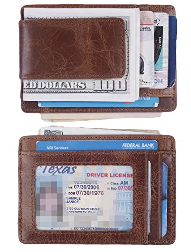 Hopsooken Money Clip RFID Front Pocket Wallet Men Leather Slim Minimalist Wallet (Brown with ID Window (Crazy Hourse Leather))