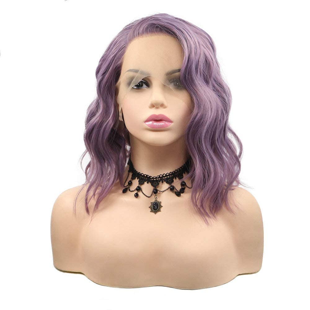 RainaHair Loose Wave Bob Lace Front Wigs Lavender Purple Bob Hair Curly Synthetic Wigs For Woman Heat Resistant Replacment Hair Cosplay Wigs 14 Inch