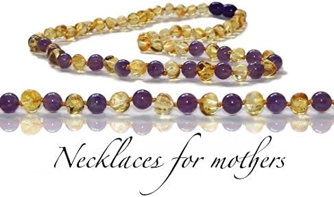 Genuine - Adult Baltic Amber and Natural Gemstones Necklace (Lemon/Amethyst) - Baroque Style - Certified 100% Natural Genuine Amber Necklace - 17.5 inches (45 centimeters)