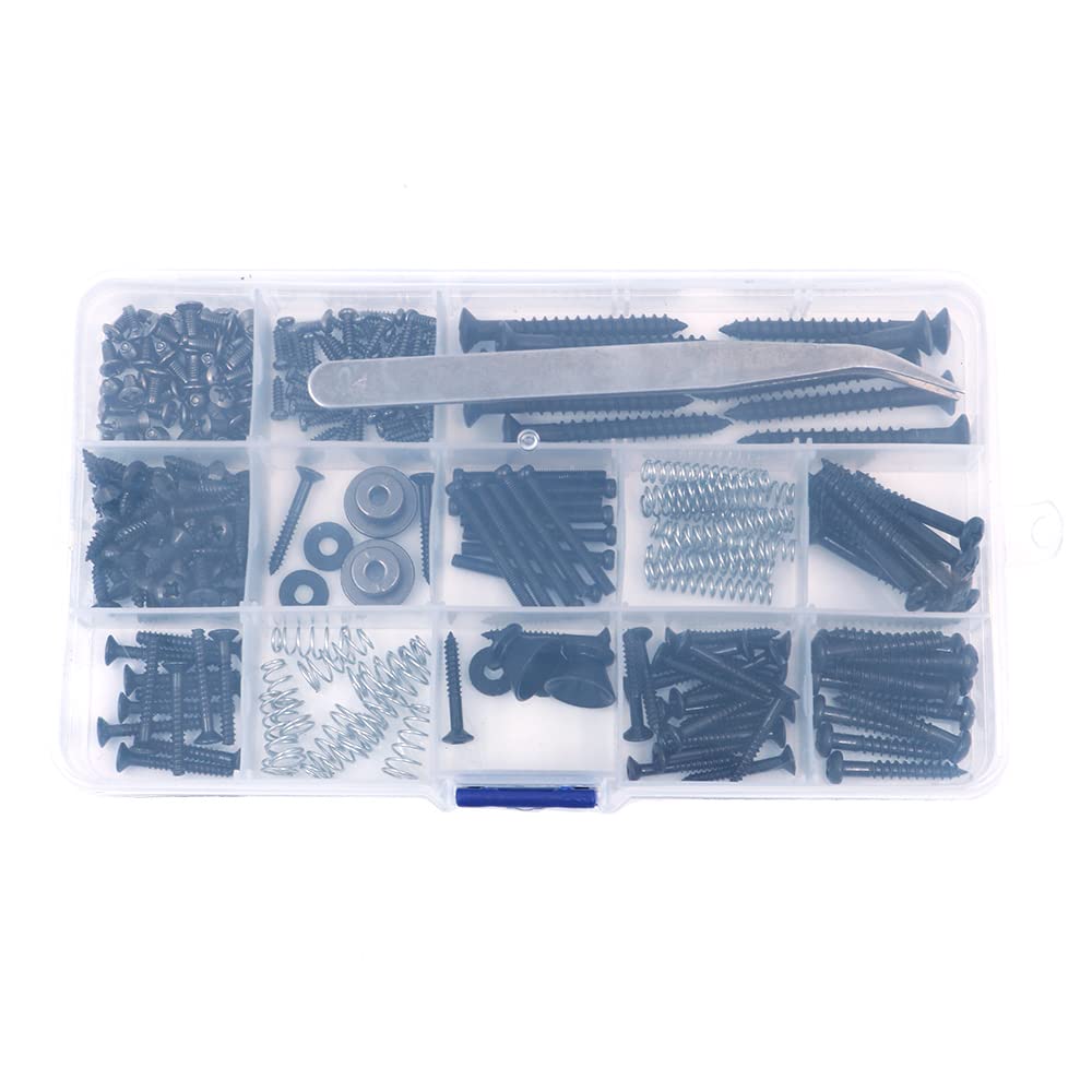 Alnicov Guitar Screw Kit,254 Pieces 9 Types Guitar Screw Assortment Set with Springs for Electric Guitar Bridge,Pickup,Pickguard,Tuner,Switch,Neck Plate,Guitar Strap Buttons and a Tweezers(Black)