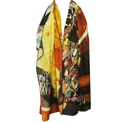 Wrapables Luxurious 100% Charmeuse Silk Long Scarf with Hand Rolled Edges, Gustav Klimt's Judith II