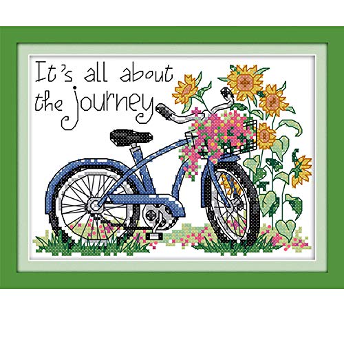 Gofission Pre Printed Cross Stitch Kits Journey Sunflower Bicycle, DIY 14 Count Stamped Embroidery Set 8.3x6.3 inch Fabric with Accessories Needlework Home Wall Decor — image 1