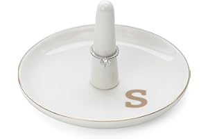HOME SMILE Initials Ring Holder Jewery Tray with personalized S-Monogrammed Engagement Gifts for Friends,Birthday Mother's Day Christmas Gifts for Women,Ceramic White