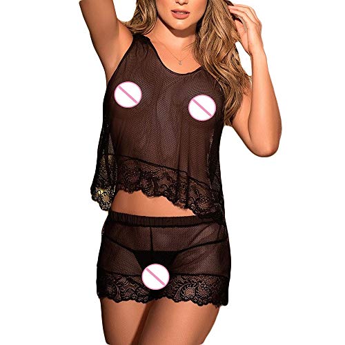 Sleepwear Nightshirts Dress,Fashion Women Plus Size Babydoll Set Muslin Lace Sexy Lingerie Set Underwear,Black