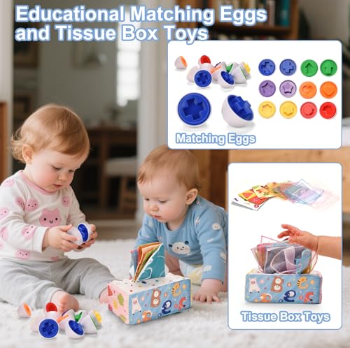 Baby Toys 6 to 12 Months,6 in 1 Montessori Toys for Babies 6-12 Months,Sensory Toy Babies Stacking Blocks Rings,Infant Teething Toy Cups Tissue Box Toy for 6 8 9 12 Months Boys & Girls Baby Gift