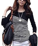 Suimiki Women Casual Round Neck Shirts Striped T Shirts Long Sleeve Thin Blouse Top