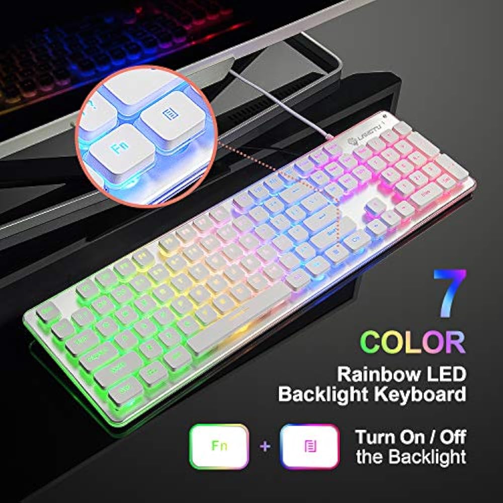 LANGTU Membrane Gaming Keyboard, Rainbow LED Backlit Quiet For Office