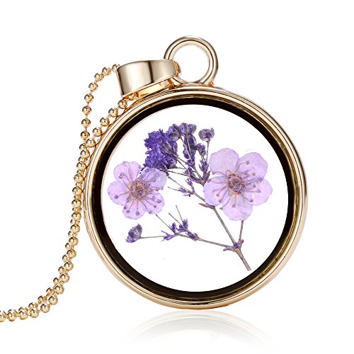 Gmai Purple Pressed lover Flower Wish Necklace Stainless Steel Chain