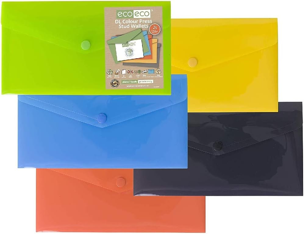 eco-eco DL 50% Recycled Press Stud Wallets Pack of 25 Assorted Colours