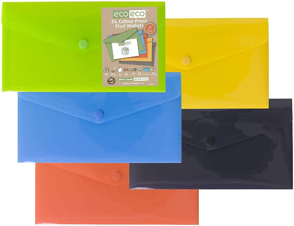 eco-eco DL 50% Recycled Assorted Colours Press Stud Popper Wallet, Plastic Folders (Pack of 25), eco079x25