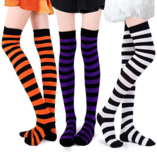 MCPINKY Halloween Over the Knee Socks, 3 Pairs Striped Thigh High Long Socks Witch Stockings Orange White Purple Black Socks for Halloween Cosplay Party Costume