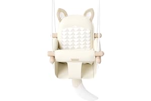 ASKCAT Wooden Hanging Baby Swing with Soft Safety Belt, Cozy Infant Swing Seat for Indoor & Outdoor Use, Adjustable Height, Includes Mounting Hardware – Suitable for Babies & Toddlers(Fox-Themed in Beige)