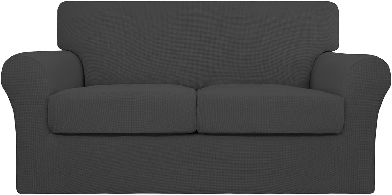 Slipcovers - Easy-Going Couch Cover, Stretch Loveseat Cover with 2 Cushion Covers, Washable Spandex Jacquard Fabric, Elastic Furniture Protector for Pets, Kid (Medium, Dark Gray)
