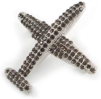 Dim Grey Crystal Aeroplane Brooch In Silver Tone Metal - 50mm Across, dark grey, silver - Image 4