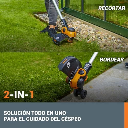 WG163E 2 em 1 Cortador de Escova e Aparador 2 em 1 Bateria 20V 2Ah, sistema automático de alimentação por comando, cabeça rotativa a 90°, para jardins médios