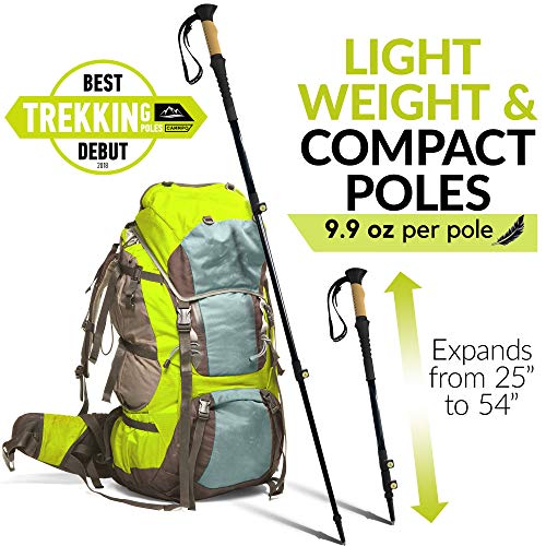 CAMMPO Trekking Poles - Ultra Strong & Lightweight Aluminum 7075 | Collapsible Hiking/Walking Sticks (2-pc) w/Tungsten Tip, Quick Adjust Flip-Lock System & Cork Grip (Black)