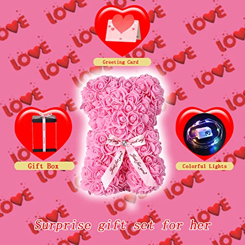 Branbox, Rose Bear Gift for Mom Grandma Female Wife Birthday Gift for Mom, Best for Daughter Son Husband, 10 Inch Rose Flower Teddy Bear Gift with Light( Pink)