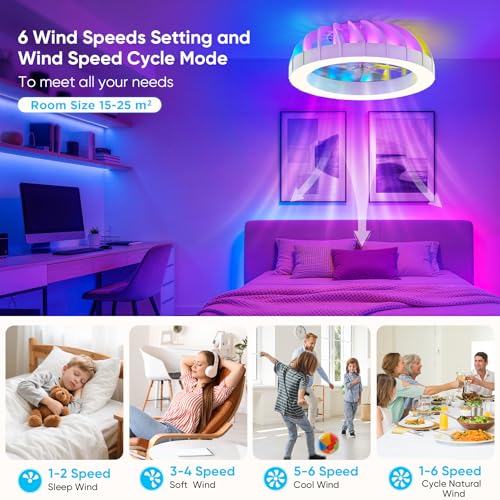 GLOFAN 46cm Ceiling Fan with Light and Remote Control, 6 Speed Silent Chandelier with Ceiling Fan, Timer, 3000k-6500k & RGB Ceiling Light Fan for Bedroom Living Room