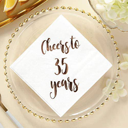 Cheers to 35 Years Cocktail Napkins, 50-Pack 3ply White Rose Gold 35th Birthday Dinner Celebration Party Decoration Napkin
